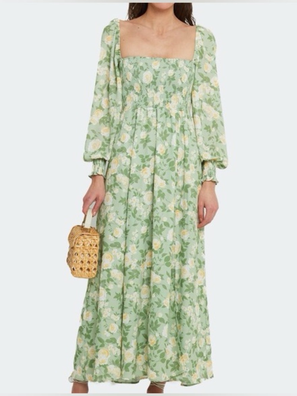 Green Floral Dress with Smocked Bodice